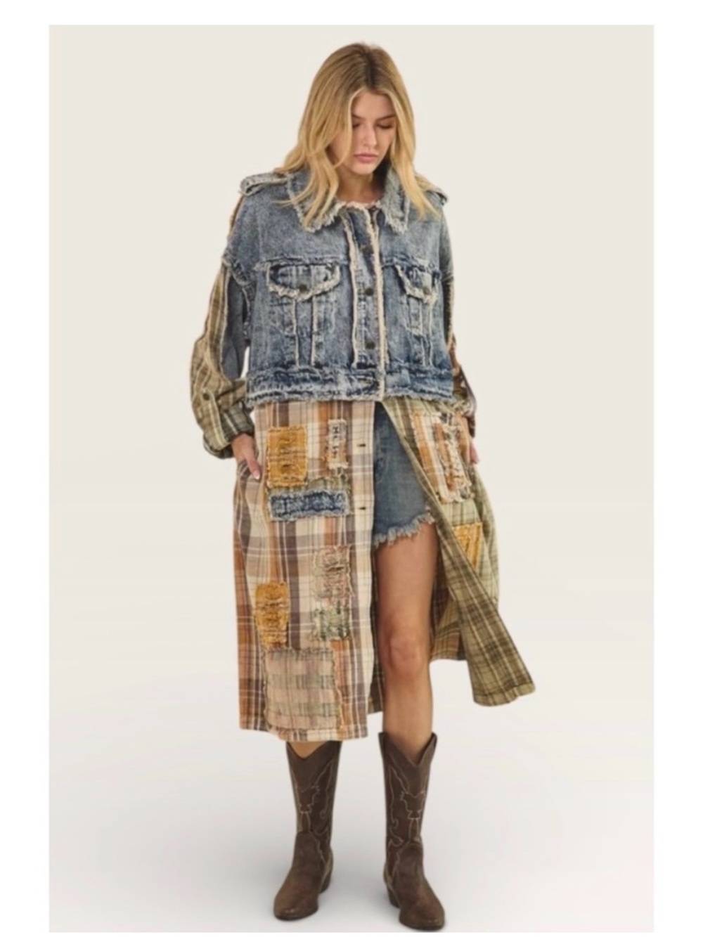Oli & Hali Distressed Light Blue Denim Jacket with Yellow Plaid Lining Fits M-Xl - Picture 5 of 10